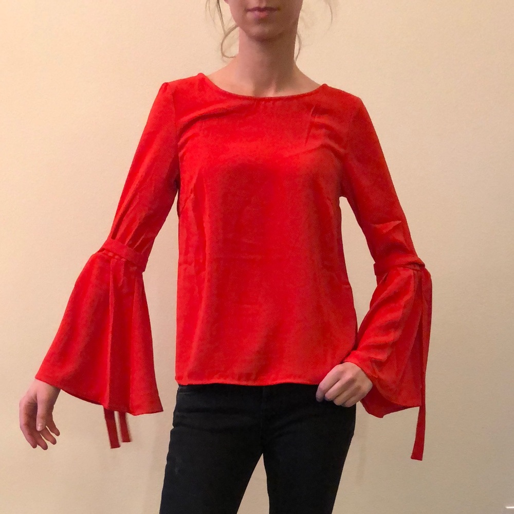 Orange Red Blouse Top with Flare Arms